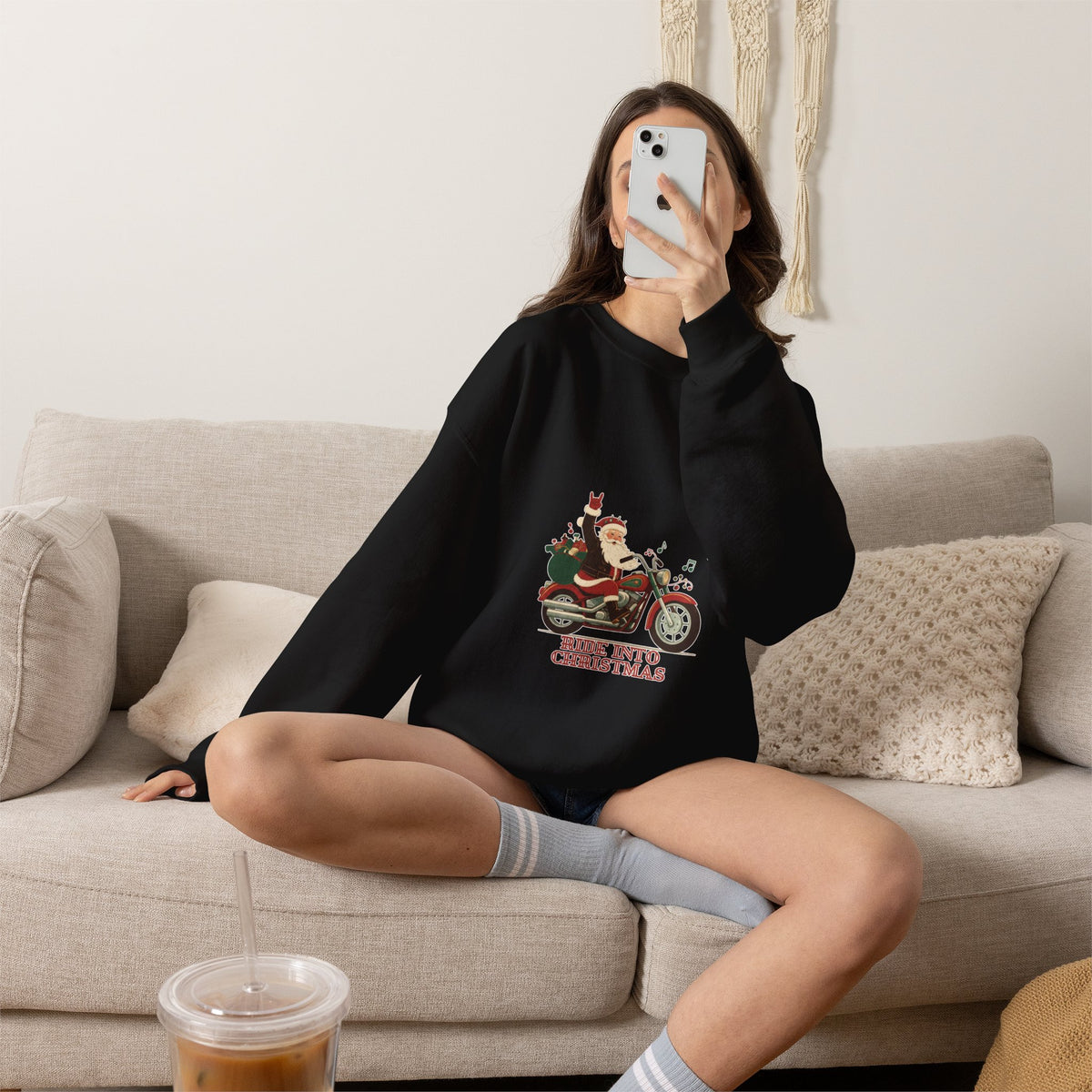 Christmas Motorcycle Sweatshirt - "Ride Into Christmas" Santa Biker Holiday Crewneck