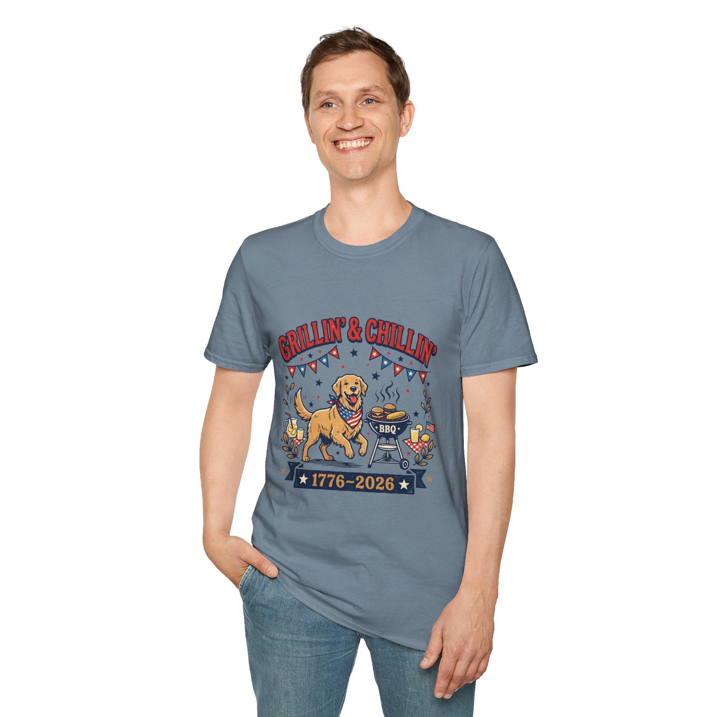 Grillin' & Chillin' BBQ Dog T-Shirt — 1776-2026 Patriotic Summer Tee, 4th of July Shirt, Independence Day Tee