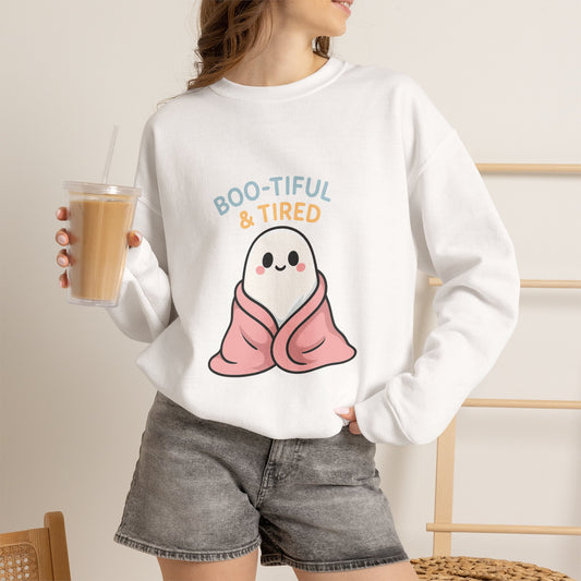 Boo-tiful & Tired Sweatshirt, Halloween-Themed Design
