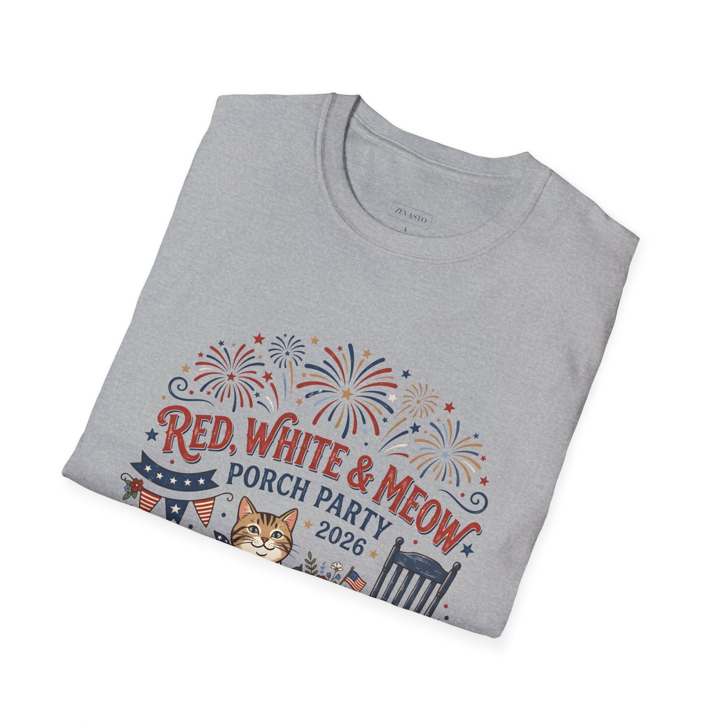 Red, White & Meow Porch Party T-Shirt — 2026 Patriotic Cat Tee, 4th of July Shirt, Independence Day Gift