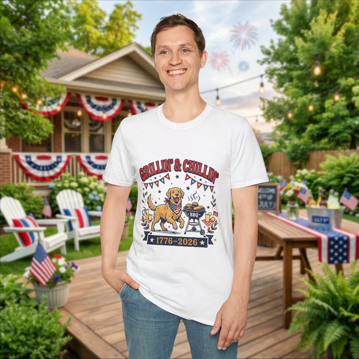 Grillin' & Chillin' BBQ Dog T-Shirt — 1776-2026 Patriotic Summer Tee, 4th of July Shirt, Independence Day Tee