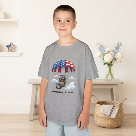Kids T-Shirt — Patriotic Raccoon Parachute “Celebrating 250 Years”
