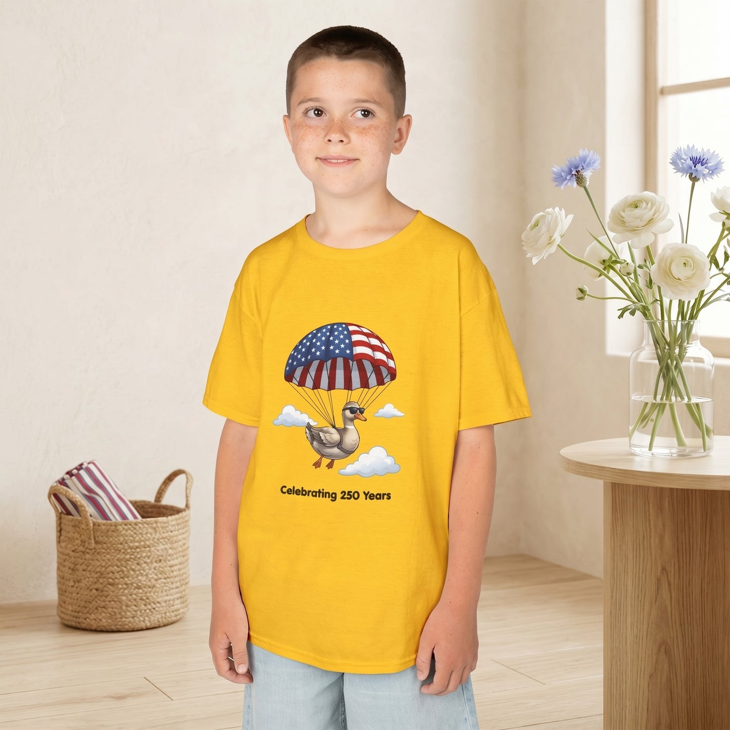 Kids Tee — Parachuting Duck, "Celebrating 250 Years"
