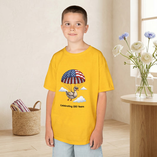 Kids Tee — Parachuting Duck, "Celebrating 250 Years"
