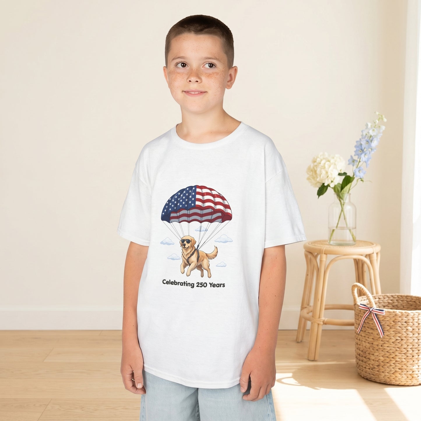 Kids Tee — Dog with Parachute, "Celebrating 250 Years" (Patriotic Fourth of July)