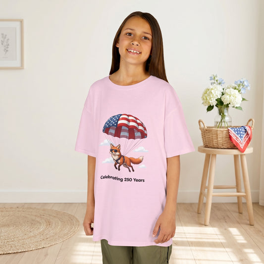 Kids Tee — Patriotic Fox with Parachute - “Celebrating 250 Years”