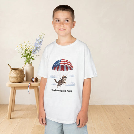 Kids Patriotic Parachuting Cat Tee — "Celebrating 250 Years"