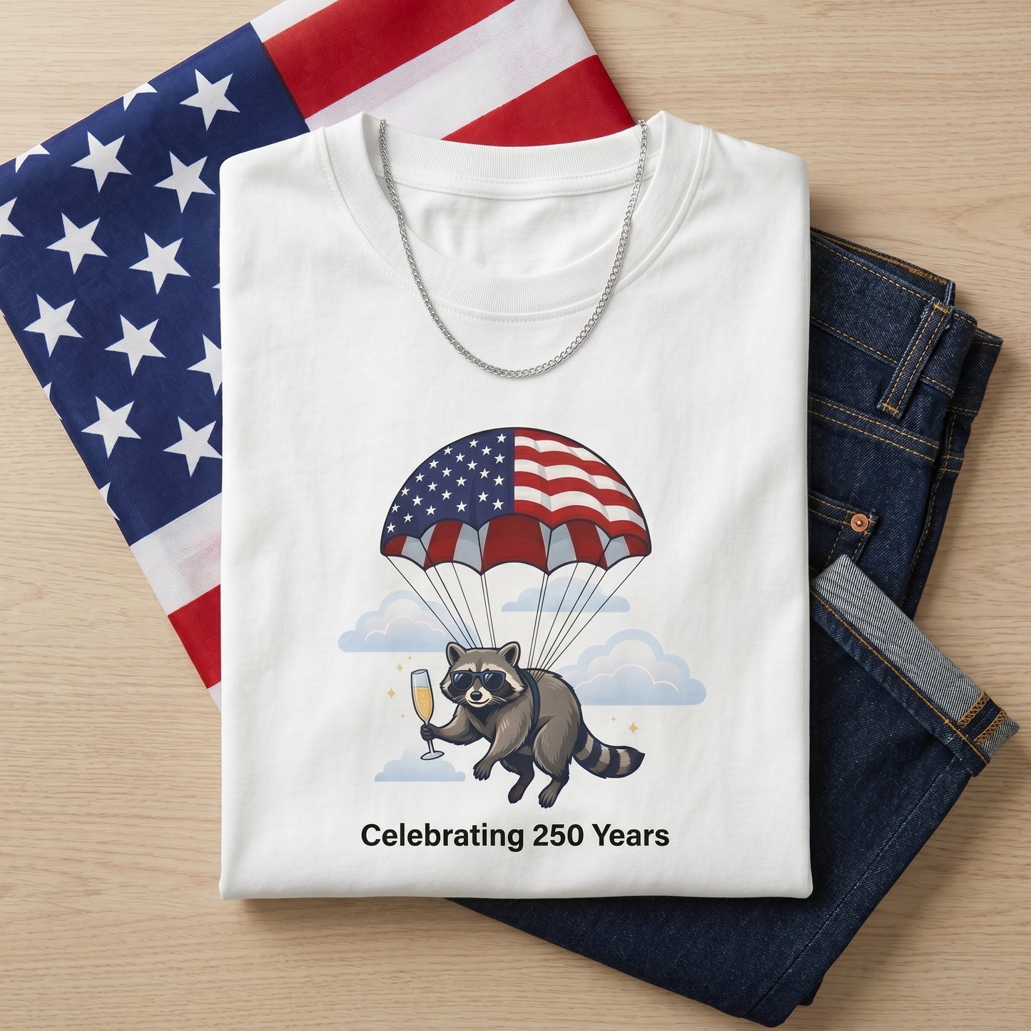 Patriotic Parachuting Raccoon T-Shirt — "Celebrating 250 Years"