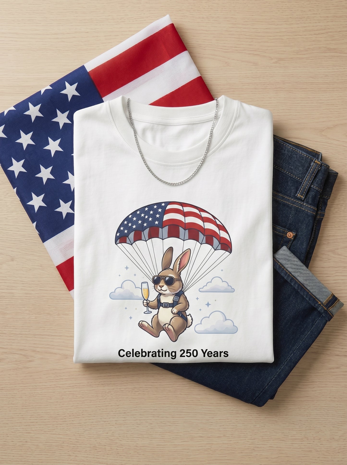 Patriotic Parachuting Bunny T-Shirt — "Celebrating 250 Years"