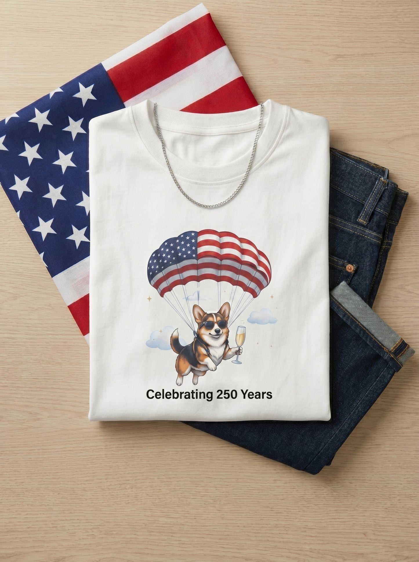 Corgi Parachute American Flag T-Shirt — "Celebrating 250 Years" Patriotic Tee