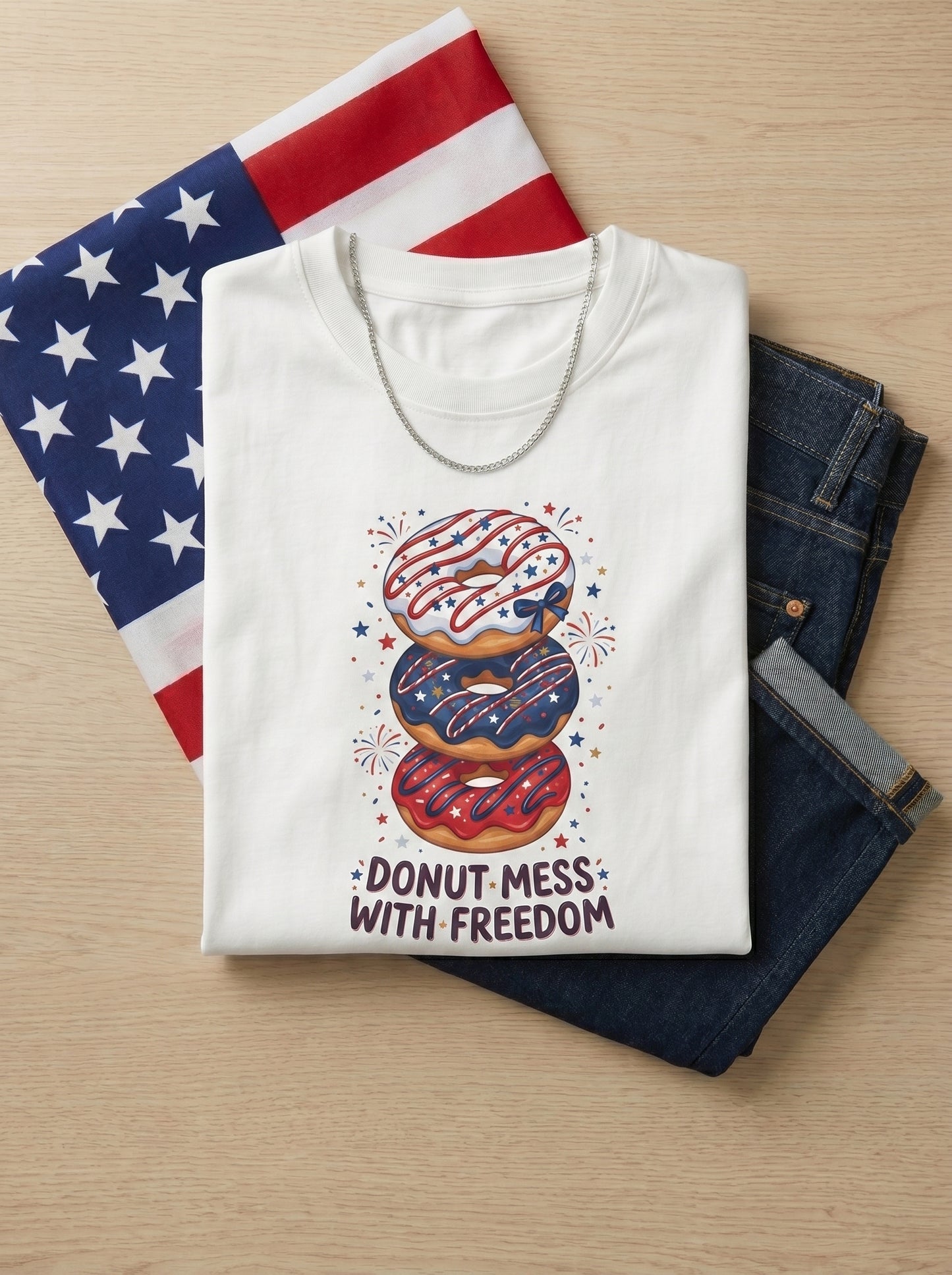 Donut Mess With Freedom T-Shirt — Patriotic Donut Stack 4th of July Tee