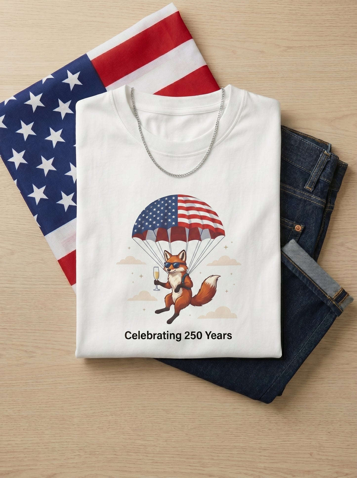 Patriotic Fox Parachute T-Shirt — "Celebrating 250 Years" Anniversary Tee