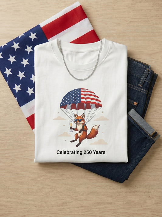 Patriotic Fox Parachute T-Shirt — "Celebrating 250 Years" Anniversary Tee