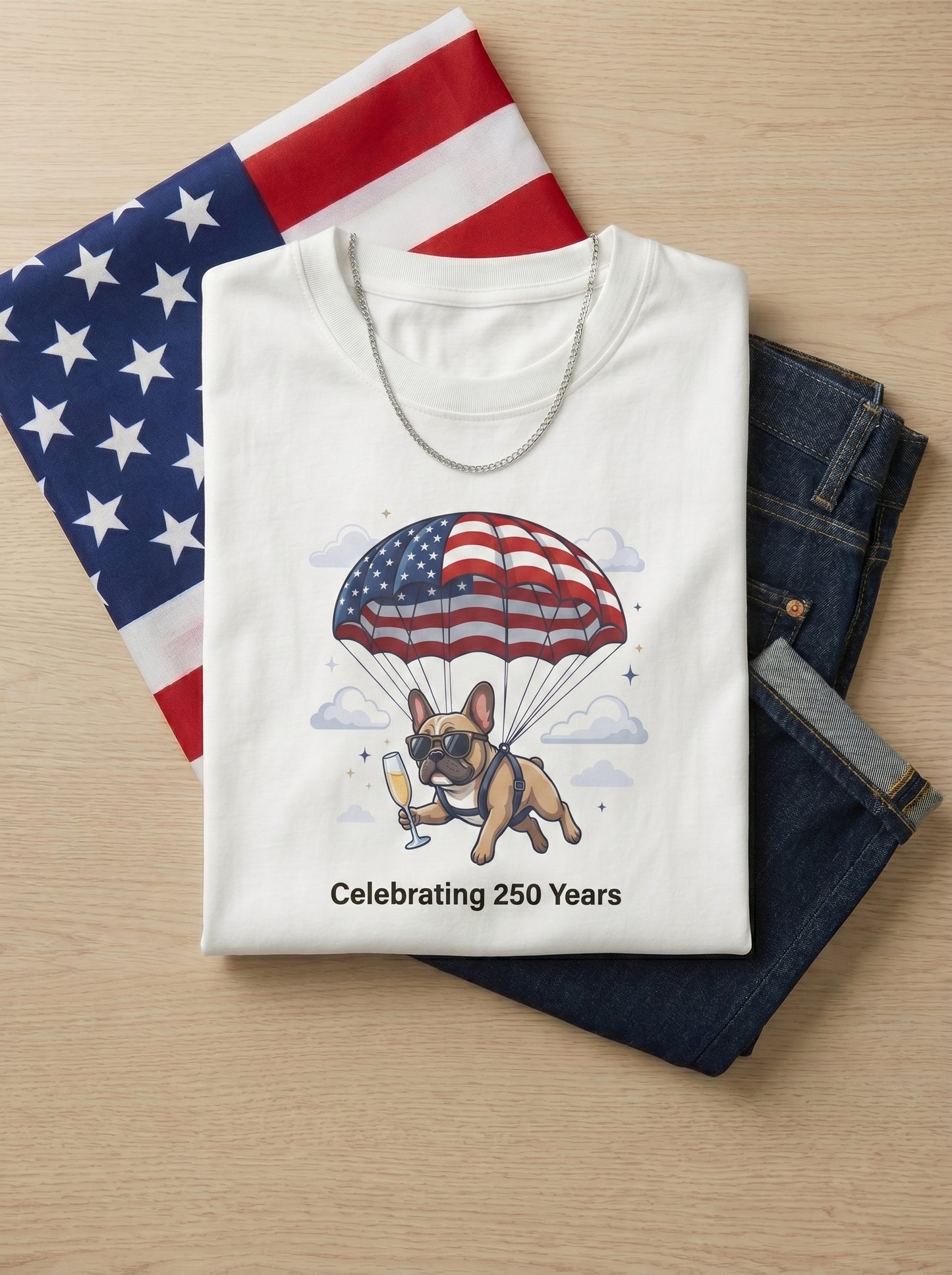 Patriotic French Bulldog T-Shirt — "Celebrating 250 Years" Parachute Design