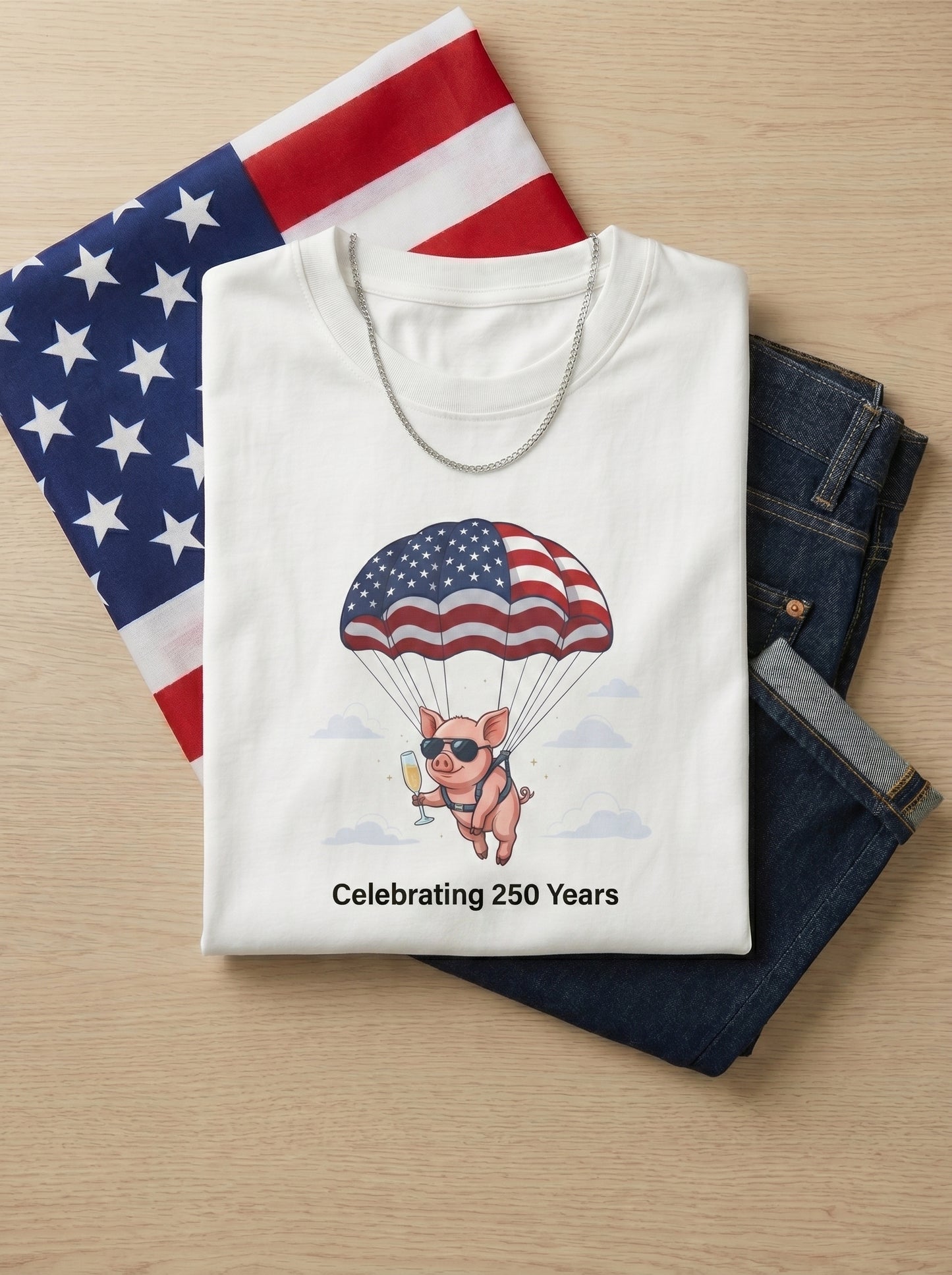 Patriotic Parachuting Piglet T-shirt - “Celebrating 250 Years”