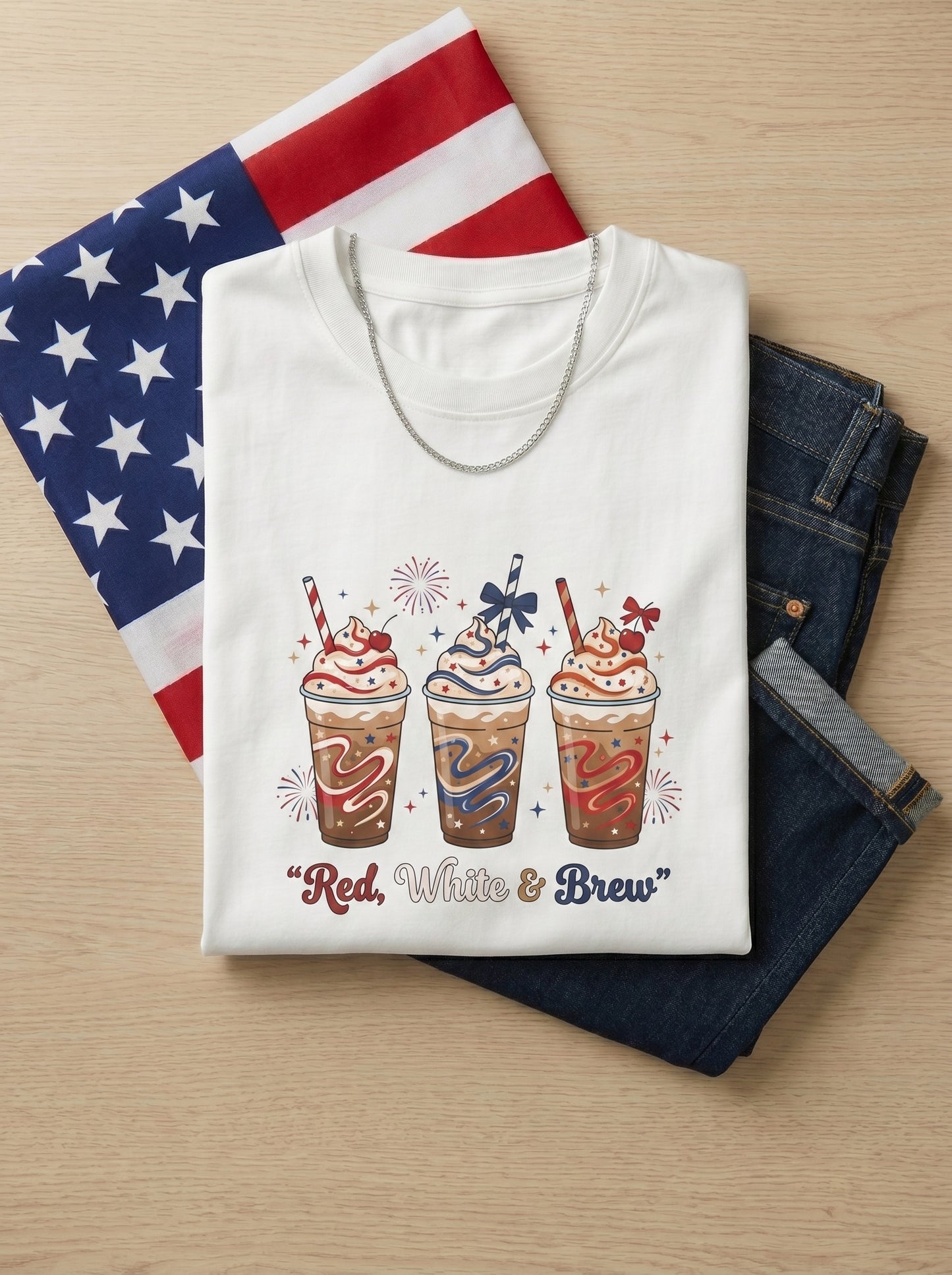 Patriotic Iced Coffee Tee — "Red, White & Brew" Graphic T‑Shirt