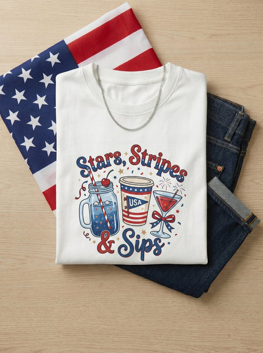 Patriotic "Stars, Stripes & Sips" T-Shirt