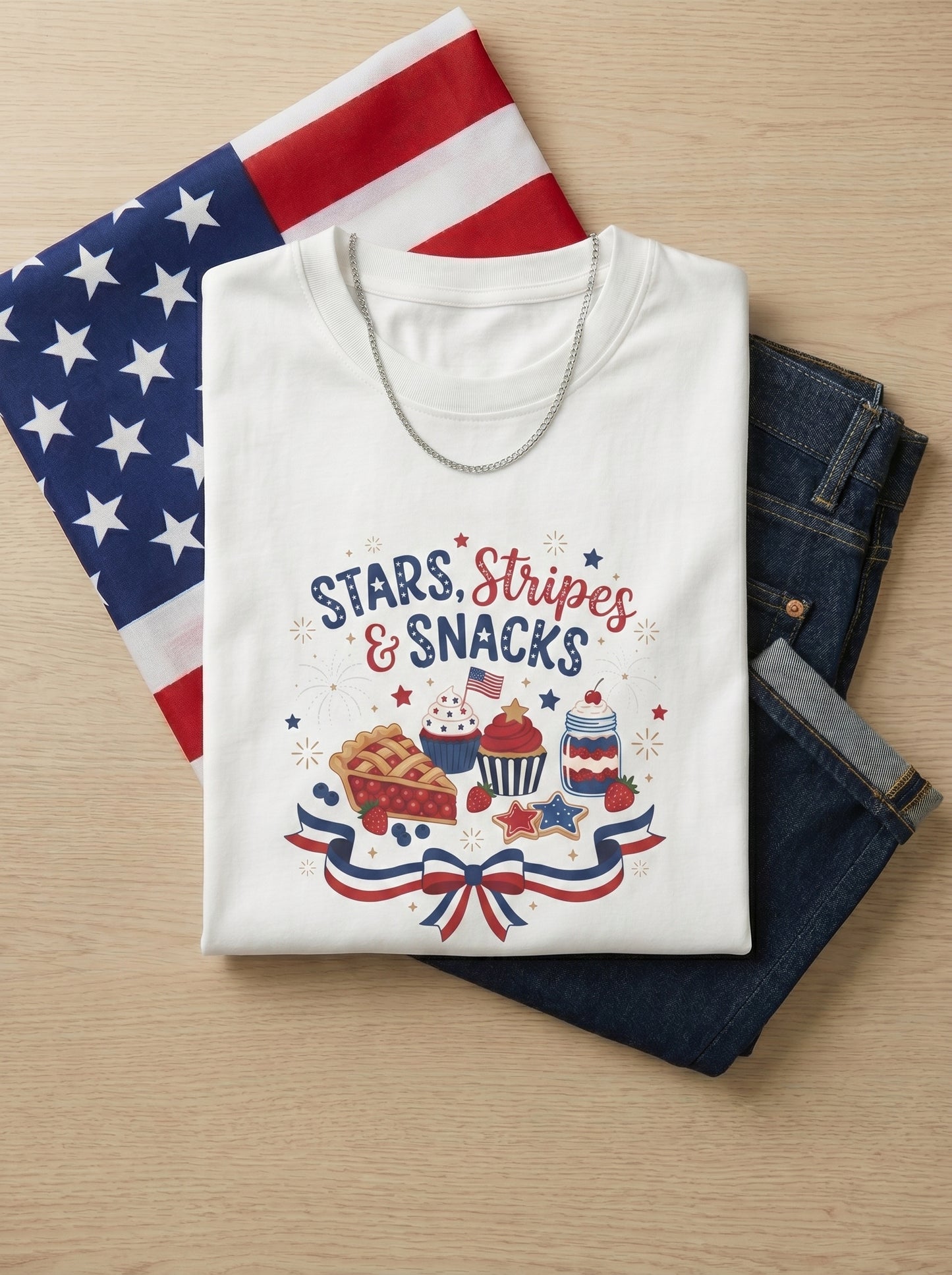 Stars, Stripes & Snacks T-Shirt — 4th of July Patriotic Dessert Tee