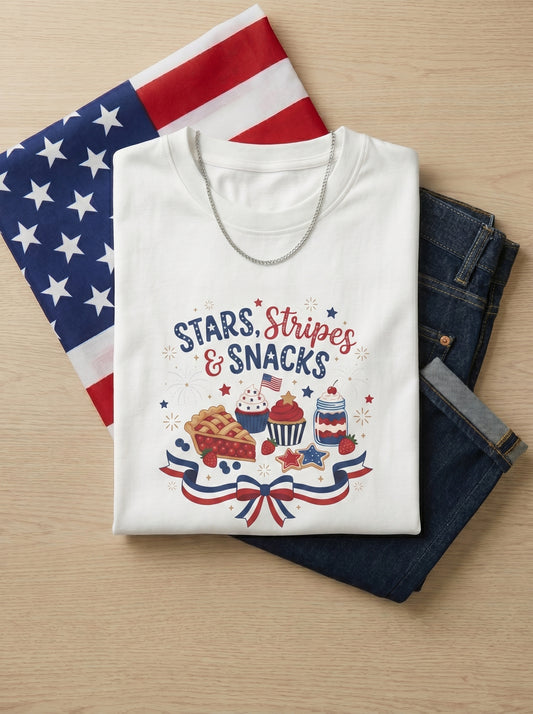 Stars, Stripes & Snacks T-Shirt — 4th of July Patriotic Dessert Tee