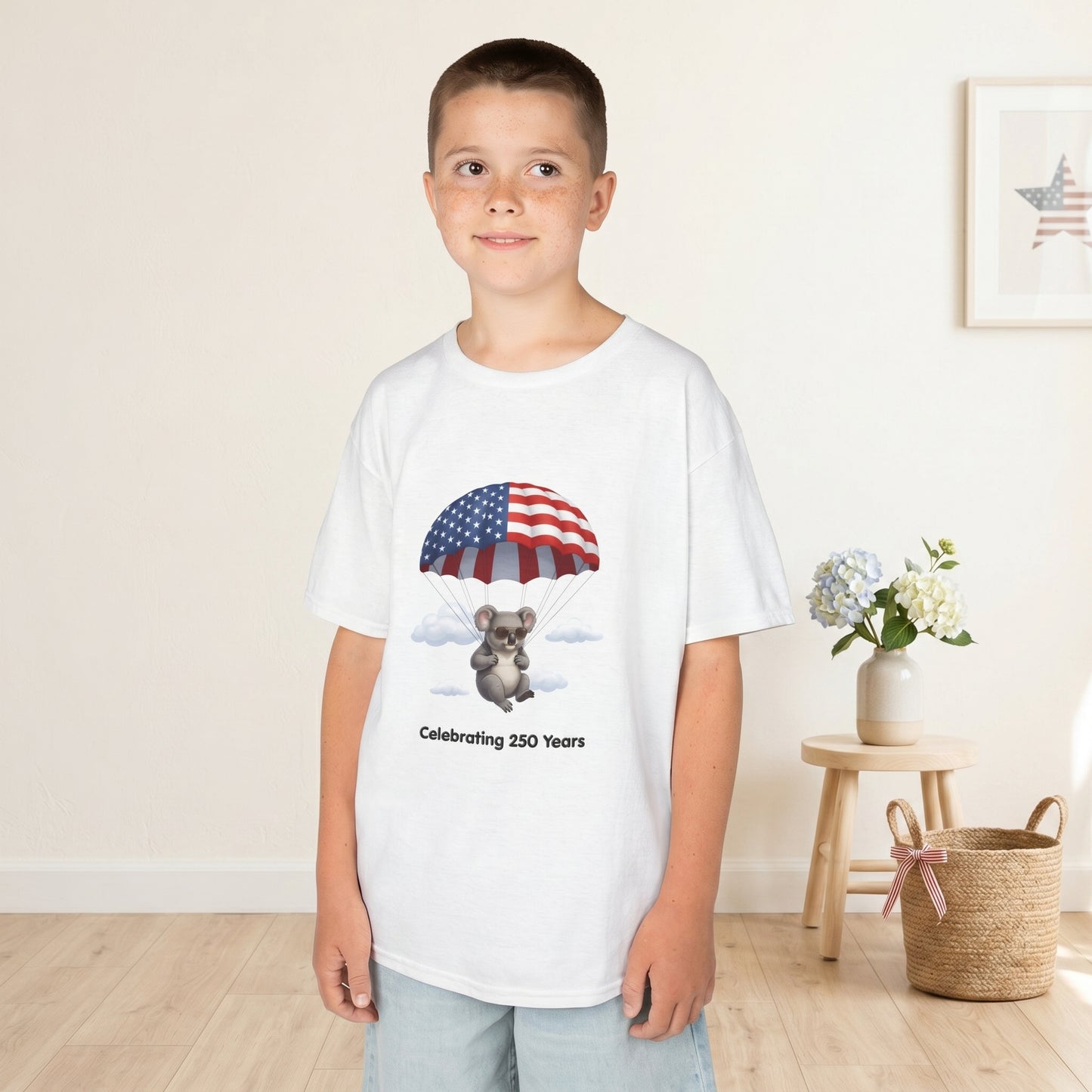 Kids Tee — Patriotic Koala Design, "Celebrating 250 Years"