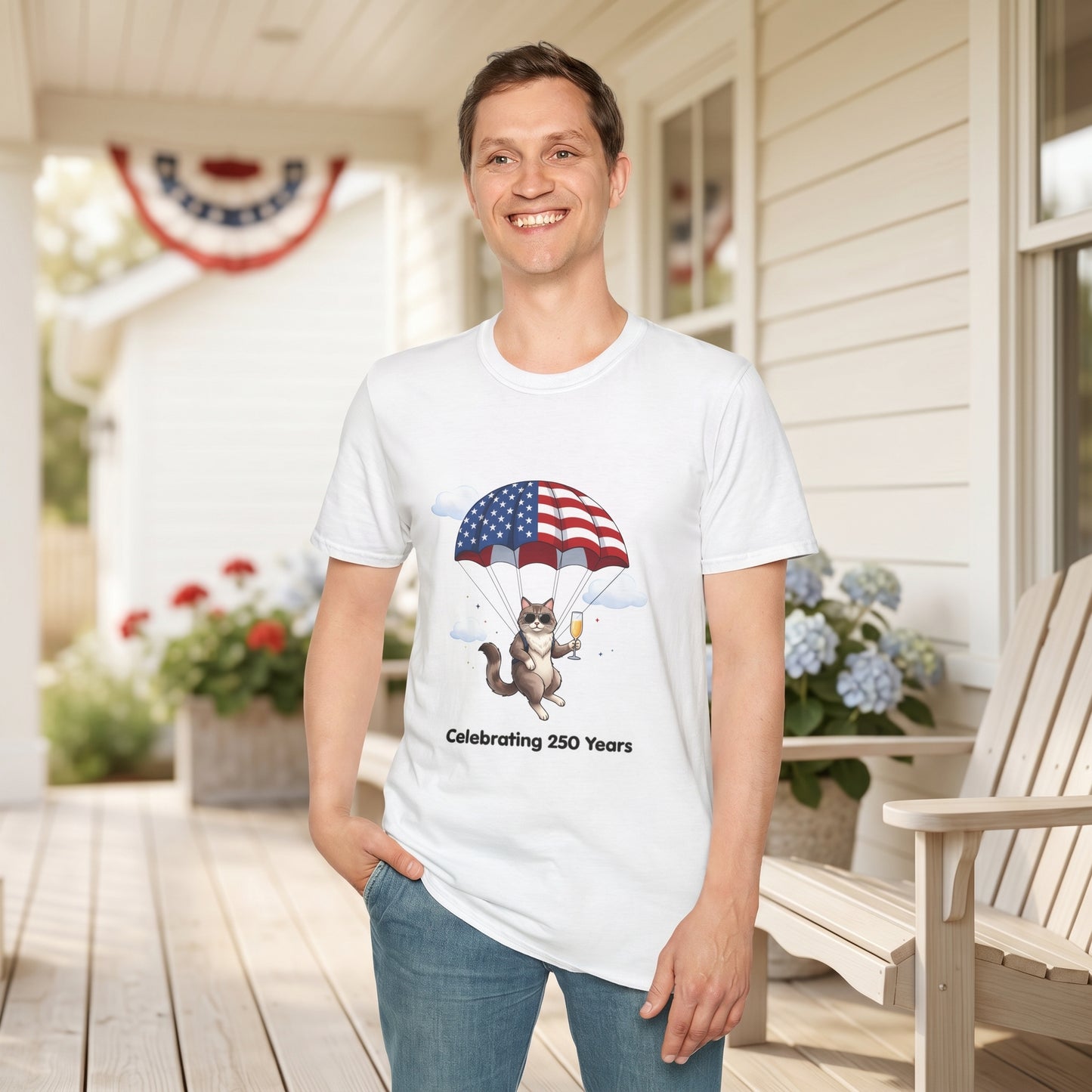 Patriotic Cat Parachute T-Shirt — "Celebrating 250 Years" 4th of July Tee